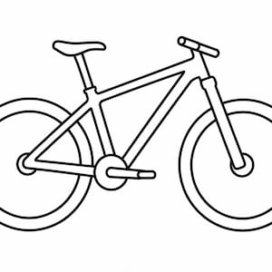 Può includere: Disegno a tratto nero di una mountain bike. La bici ha due ruote grandi, una sella, un manubrio e una catena. La bici è progettata per il fuoristrada e le attività all'aperto.