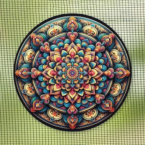 May include: A colorful mandala with intricate details in shades of blue, yellow, red, and green. The mandala is circular and has a symmetrical design.