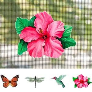 May include: A vibrant pink hibiscus flower with green leaves is the focal point, set against a mesh background. Below, there are watercolor illustrations of a butterfly, dragonfly, hummingbird, and another hibiscus flower.
