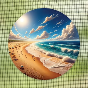 May include: A sunny beach scene with blue sky, white clouds, and a sandy beach with waves crashing on the shore. People are enjoying the beach on a sunny day.
