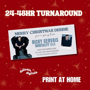 Ricky Gervais personalisiertes Download druckbares Ticket | Tour Erinnerungsstücke | Weihnachten | Überraschungsgeschenk Sie | für Ihn | Für Mum Dad Komödie