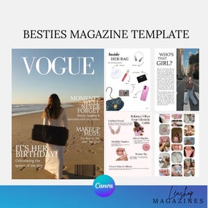 Pode incluir: Um modelo de revista intitulado "Besties Magazine Template" com uma capa "Vogue" apresentando uma mulher na praia. O modelo inclui seções como "Inside Her Bag", "Who's That Girl?" e "Makeup Muse". O logotipo da Canva é visível.