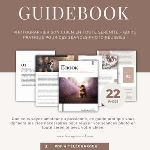 Könnte beinhalten: Ein E-Book mit dem Titel "Guidebook" und dem Text "Fotografieren Sie Ihren Hund in aller Ruhe". Das Cover zeigt einen Hund in einem Feld mit lila Blumen. Der Ratgeber hat 22 Seiten und bietet praktische Tipps für erfolgreiche Fotoshootings.