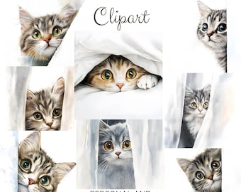 Peeking Cat Watercolor Clipart: Transparent Images (Digital Download)