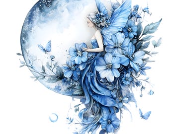 Blue Moon fairy Clipart. Fairies. Printable Watercolour Clipart. Transparent Images. Commercial use. Craft Supply. Paper Crafts