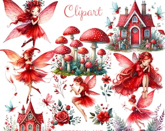 Red Fairy Clipart. Watercolour. Transparent Images. Commercial use