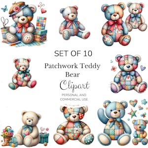 Patchwork Teddy Bear Clip Art. Digital Download