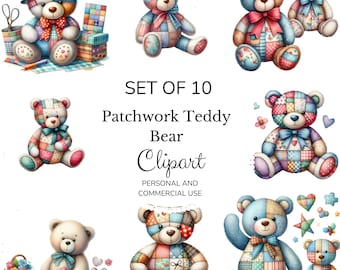 Patchwork Teddy Bear Clip Art. Digital Download