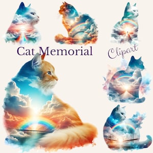 Imágenes Prediseñadas conmemorativas del gato. Acuarela. Puente de arcoiris. Imágenes transparentes. Uso comercial