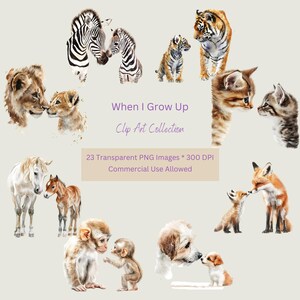 Als ik groot ben Clip Art. Aquarel. Babydieren, volwassen dieren. Ambachtelijke levering. Transparante afbeeldingen, commercieel gebruik