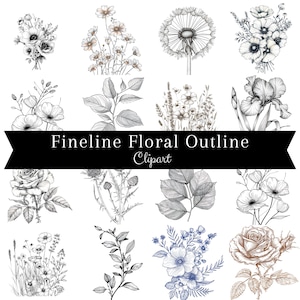 Clipart di contorno floreale fineline. Immagine trasparente. Pagina da colorare. Carta. Album dei ritagli