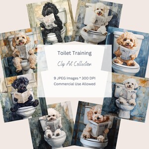 Zindelijkheidstraining Illustraties. Schattige honden op toiletten. JPEG-afbeeldingen Commercieel gebruik. Knutselbenodigdheden