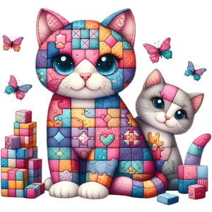 13 Clipart chat en patchwork. Téléchargements imprimables d'aquarelle. Utilisation commerciale. Images transparentes, fourniture artisanale. Créations en papier