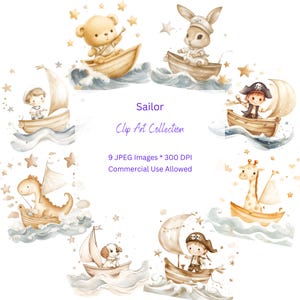 Marin Clip Arts. aquarelle. Couleurs neutres. Image transparente. Utilisation commerciale. Chambre d'enfant Art. Fourniture d'artisanat