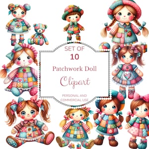 Puede incluir: Conjunto de 10 imágenes de clipart de muñecas de patchwork. Las muñecas están todas vestidas con ropa de patchwork de colores y tienen diferentes peinados y expresiones. El texto "Set of 10 Patchwork Doll Clipart" se muestra en una pancarta rosa.