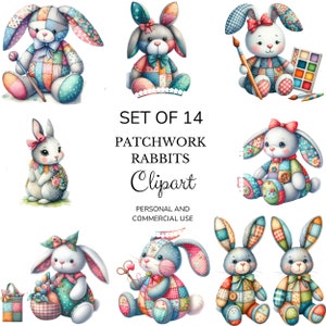 Op de afbeelding: Set van 14 clipart-afbeeldingen van patchwork-konijnen. De konijnen staan in verschillende poses en houden verschillende voorwerpen vast, zoals kwasten, scharen en bloemen. De konijnen zijn allemaal gemaakt van kleurrijk patchwork-stof.