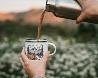 Customized Enamel Camping Mug for nature lovers personalised gift idea and outdoor companion