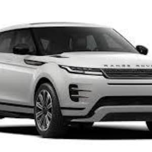 以下が含まれることがあります： 黒いアクセントが付いた白いレンジローバーイヴォークSUV。車両にはパノラマサンルーフ、黒いホイール、ボンネットにはレンジローバーのロゴがあります。フロントには洗練されたヘッドライトと黒いグリルがあります。車は白い背景に設定されています。