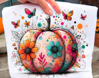 Floral Pumpkin PNG: Colorful Autumn Sublimation Design (Digital Design)