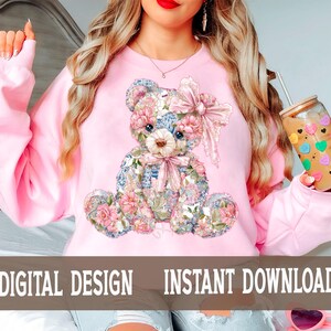 Coquette Teddy Bear Design PNG, Floral Patchwork Bear, Sublimation T-Shirt & Wall Art (Digital Download)