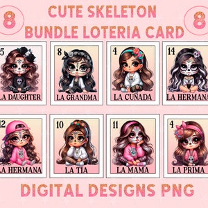 Chibi famille Latina Bundle PNG, design par sublimation, lot de cartes Loteria, téléchargement immédiat, mignon design espagnol de la famille Chibi, lot de squelettes