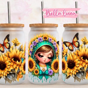 Virgen de Guadalupe 16oz wrap, zonnebloemen digitaal ontwerp, digitale download, 16oz sublimatieontwerp, schattige chibi girl digitale wrap, maagd