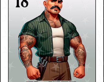 May include: A green and white striped shirt with a white undershirt, brown pants, and a black belt. The person has a mustache and tattoos on their arms. The number 18 is in the top left corner and the words "EL JEFE" are at the bottom of the image.