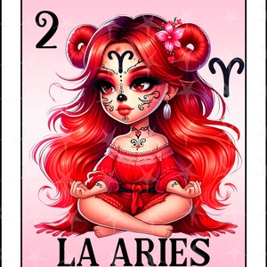 Loteria card en espanol, La Aries, Chicana Chola Zodiac Chibi Style, Aries Latina PNG for DTF, Aries Sublimation Design, Cute chica Aries