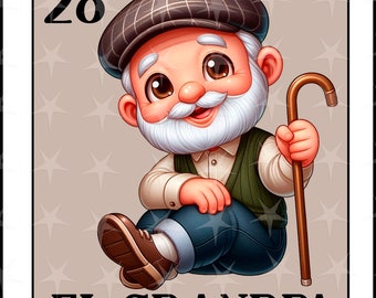 May include: Illustration of a cartoon grandpa wearing a brown plaid cap, green vest, and blue pants, holding a cane. The image has the number 28 in the upper left corner and the text "EL GRANDPA" at the bottom.
