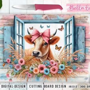 Conception de sublimation de planche à découper de cuisine, impression numérique de cuisine de vache mignonne, téléchargement numérique, sublimation numérique de génisse, conception de ferme de campagne