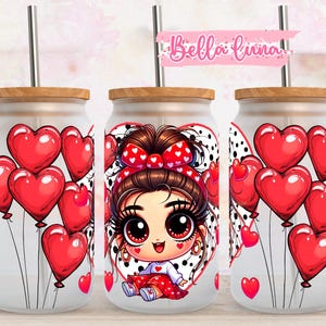 Valentijnsdag 16oz wrap, schattig digitaal ontwerp, digitale download, 16oz sublimatieontwerp, schattige chibi girl digitale wrap, 16oz glasblikje wrap