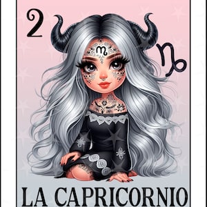 Carte Loteria en espanol, La Capricornio, Style Chibi Chicana Chola Zodiac, Capricorne Latina PNG pour DTF, Capricorne Sublimation Design