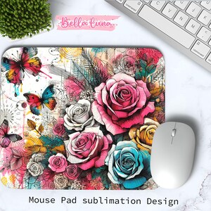 Conception de sublimation de tapis de souris floral aquarelle, conception PNG de coussin floral mignon, tapis de souris floral, téléchargement numérique, conception de tapis de souris de papillon