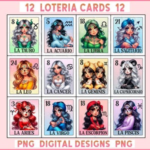 Paquete de cartas de lotería Horóscopo, paquete Chola Zodiaco estilo Chibi, paquete de Lotería Horóscopo Latina PNG para DTF, cartas de lotería en español, 12 PNG