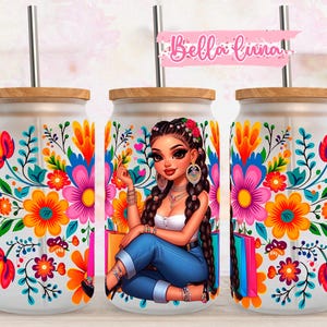 Wrap mexicano floral de 16oz, Diseño digital de linda chica mexicana, Descarga digital, Diseño de sublimación de 16oz, Diseño mexicano, Chica mexicana chibi