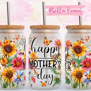 Floral Mom 16oz Libbey Glass Wrap, Happy Mother's Day  Design Png, 16oz Wrap Png, Glass Can Sublimation Design, Digital Download, 16oz wrap