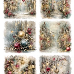 May include: A collection of six square digital art prints featuring watercolor-style holiday scenes. The images depict snowy European-style streets, glowing string lights, hanging gold and red ornaments, poinsettias, and star-shaped decorations.
