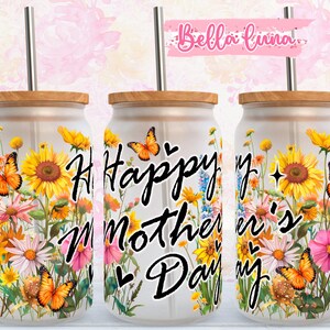 Floral Mom 16oz Libbey Glasverpackung, Muttertagsglas Design Png, 16oz Wrap Png, Glasdosen Sublimationsdesign, digitaler Download, 16oz Verpackung