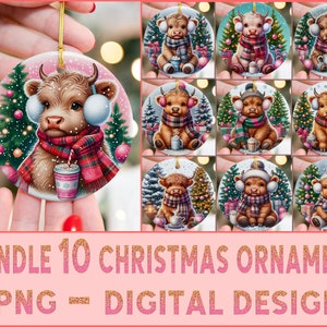 Bundle Christmas Ornament, PNG sublimation Designs, Highland cow Christmas Designs, Christmas Digital Design, PNG Ornament Designs, Bundle