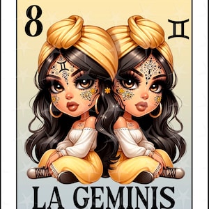 Cartão de loteria em espanhol, La Geminis, Chicana Chola Zodiac Chibi Style, Geminis Latina PNG para DTF, Geminis Sublimation Design, Chica Geminis