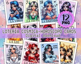Pacchetto di carte Zodiac Loteria: Chicas Latinas del zodiaco PNG (download digitale)