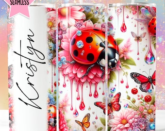 Envoltorio para vaso de 20 oz con diseño floral de mariquita: Diseño con gotas (descarga digital)