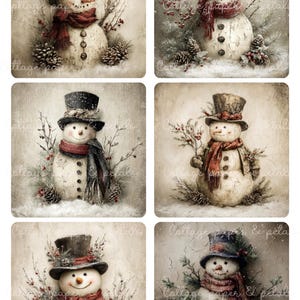 May include: A set of six digital illustrations featuring snowmen wearing top hats and scarves, accented with pine branches, red berries, and pinecones. Each snowman has a textured, off-white body with dark buttons, set against a neutral background.