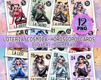 Pacchetto di carte Zodiac Loteria: Chicas Latinas del zodiaco PNG (download digitale)