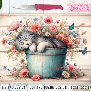 Tagliere da cucina con stampa a sublimazione, stampa digitale di un simpatico gatto in cucina, download digitale, stampa digitale a sublimazione di un gatto, design digitale vintage