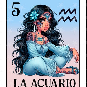 Carta Loteria in spagnolo, La Acuario, Chicana Chola Zodiac Chibi Style, Acuario Latina PNG per DTF, Acuario Sublimation Design, Chica Acuario