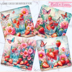 Sous-verre carré aux fraises en sublimation, sous-bocks cocktails aux fraises PNG, mignon décoration en téléchargement numérique, idée cadeau DIY