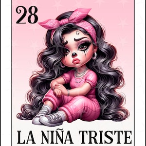 Tarjeta de Loteria en español, Diseño Digital de Sublimación, Descarga Instantánea, Diseño Español La nina Triste, La Chica Triste png, Linda Chica Triste DTF/DTG