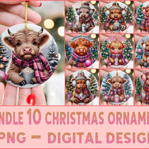 Bundle Christmas Ornament, PNG sublimation Designs, Highland cow Christmas Designs, Christmas Digital Design, PNG Ornament Designs, Bundle