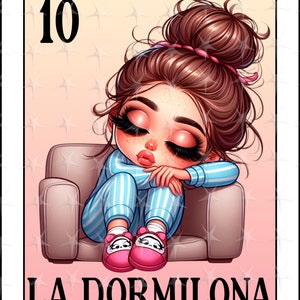 Loteriakaart in espanol, La Dormilona digitaal ontwerp, direct downloaden, Spaans ontwerp, schattig meisje sublimatieontwerp, L a Dormilona-kaart